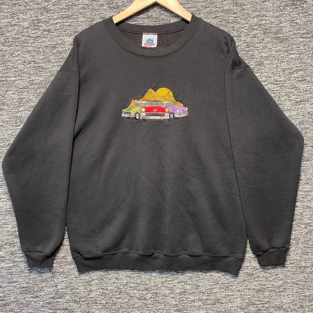 Vintage 90s Planet Hollywood Sweatshirt Men XL Black Embroidered Classic Car USA